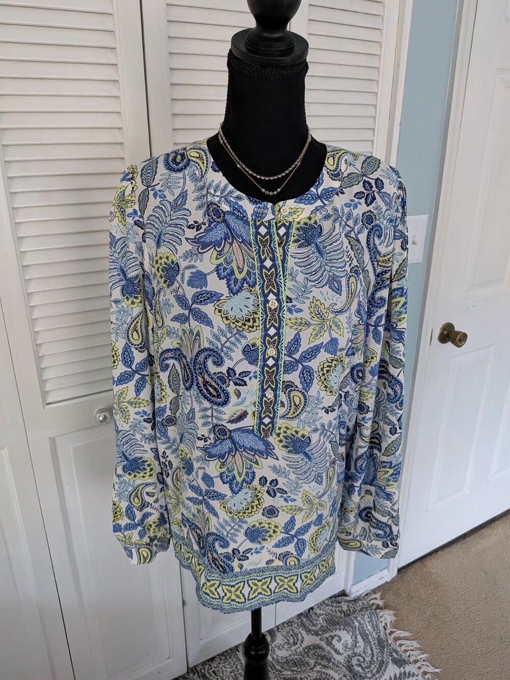 Talbots Button Up Peasant Blouse Womens L Blue Green Zestful Floral Coastal Boho